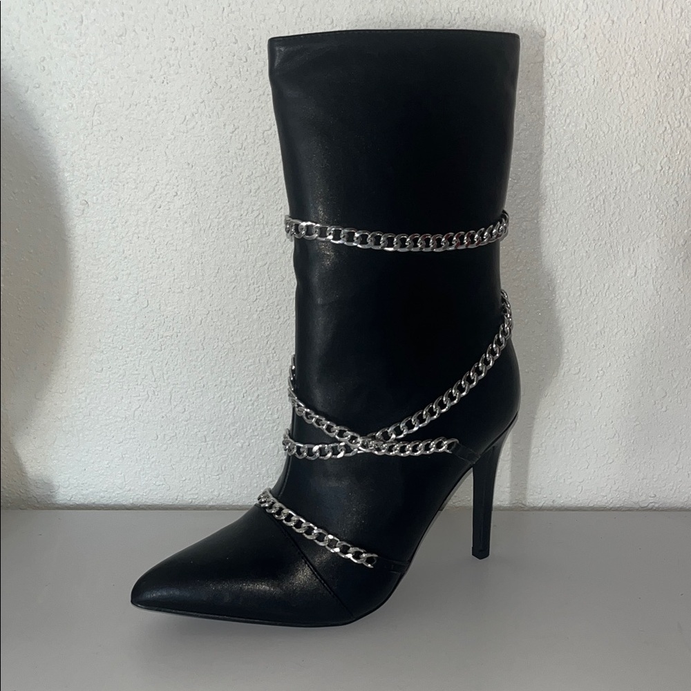 Black Pointed-Toe High Heel Boot with Silver Chain Detail